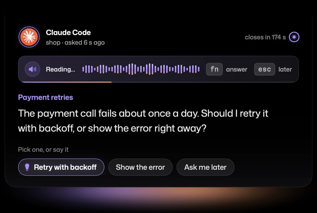 The same card while Cueshot reads the question aloud, with a voice wave.