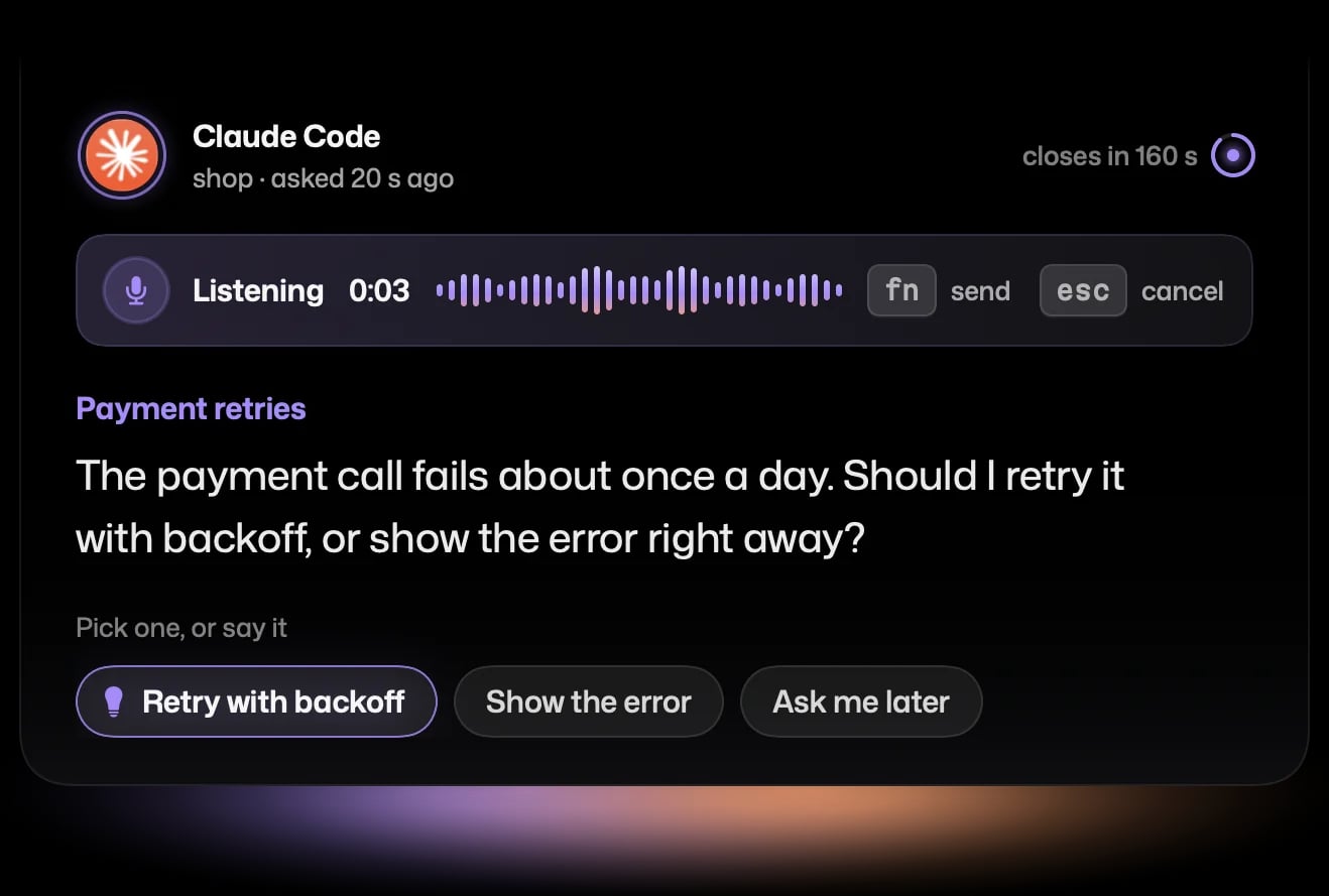 The same card while you answer by voice: Listening 0:03 with a voice wave.