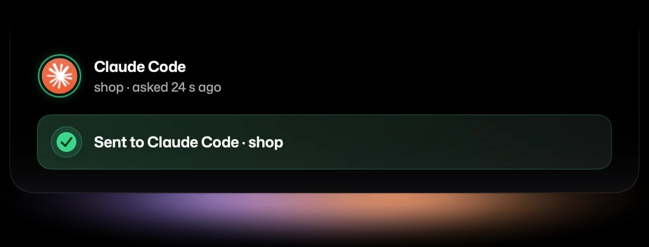 The card after answering: Sent to Claude Code, shop.